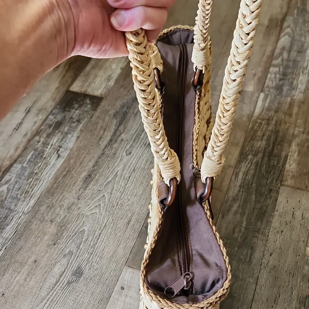 Woven Tan and Brown Cornhusk Purse Handbag‎ Boho Native Neutral Beaded Tropical